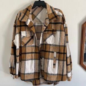 Unbranded Tan Plaid‎ Oversized Shacket Button Down Shirt Jacket Size 8